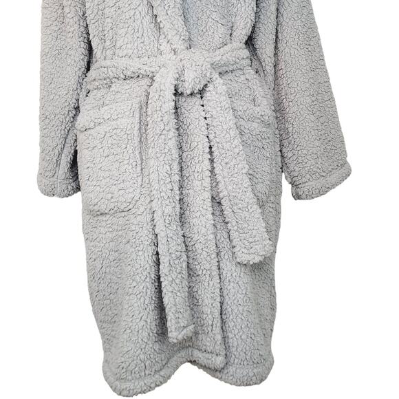 Pottery Barn Teddy Bear Sherpa Gray Blue Cozy Spa Wrap Robe Size Medium - Picture 6 of 13